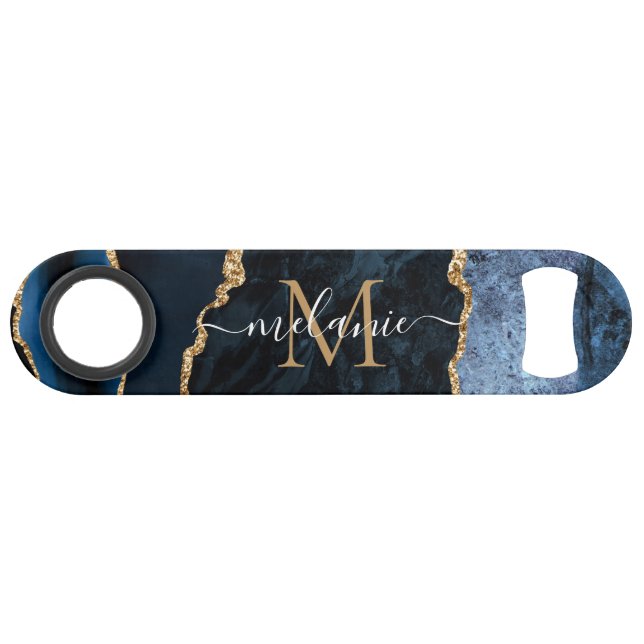 Blue Gold Glitter Bar Key Personalized Name Letter (Front (Horizontal))