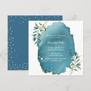 Blue Gold Glitter Botanical Quinceanera Party Invitation
