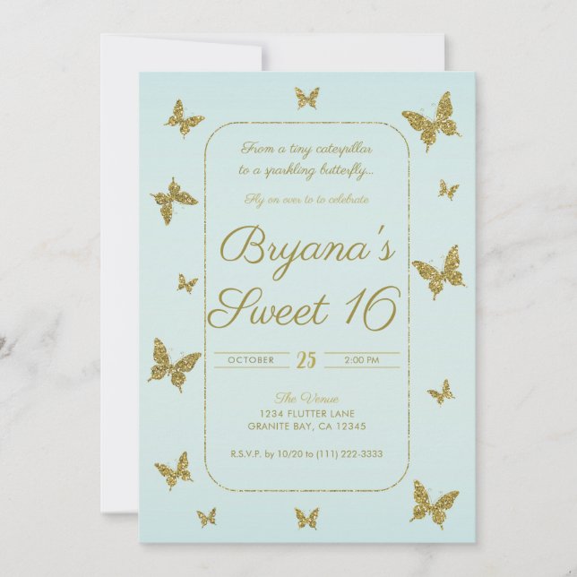 Blue & Gold Glitter Butterfly Sweet 16 Party Invitation (Front)