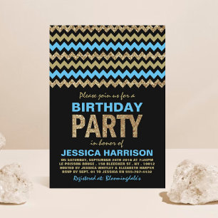 Blue & Gold Glitter Chevron Birthday Party Invitation