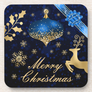 Blue & Gold Glitter Christmas bauble and Ribbon Coaster