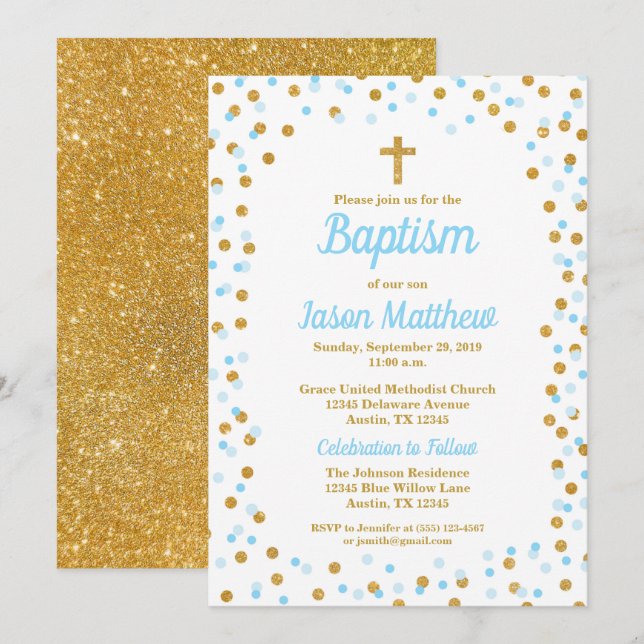 Blue & Gold Glitter Confetti Baptism Invitation (Front/Back)