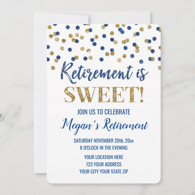 Blue Gold Glitter Confetti Retirement Party Invitation (Back)