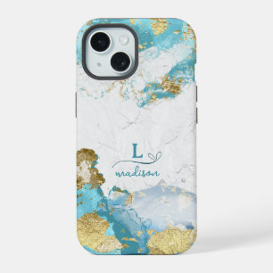 Blue Gold Glitter Custom Monogram iPhone 15 Case