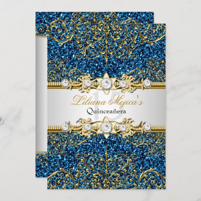Blue Gold Glitter Damask Quinceanera Invite (Front/Back)