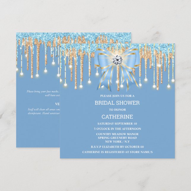 Blue gold glitter diamond bow shimmer lights  invitation (Front/Back)