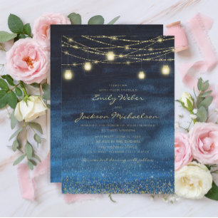 Blue Gold Glitter Fairy Lights Wedding Invitation