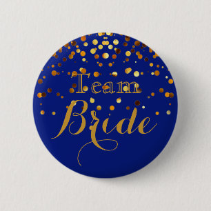Blue Gold Glitter Faux Foil Wedding Team Bride 6 Cm Round Badge