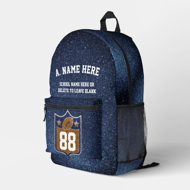 Blue & Gold Glitter Football Player Team Spirit Printed Backpack (Back Corner Right)