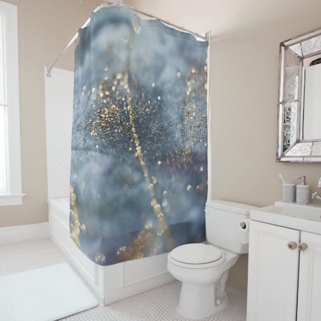 Blue Gold Glitter Glam 1 Shower Curtain (In Situ)