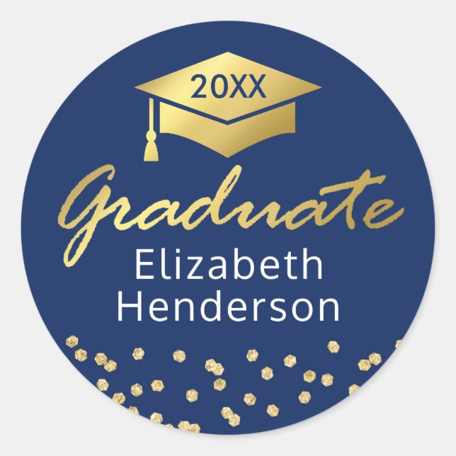 Blue Gold Glitter Graduate Graduation Classic Round Sticker (Front)