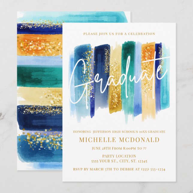 Blue & Gold Glitter Graduation Party Invitation (Front/Back)