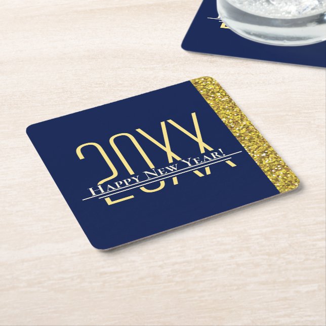 Blue Gold Glitter Happy New Years Holiday Square P Square Paper Coaster (Angled)