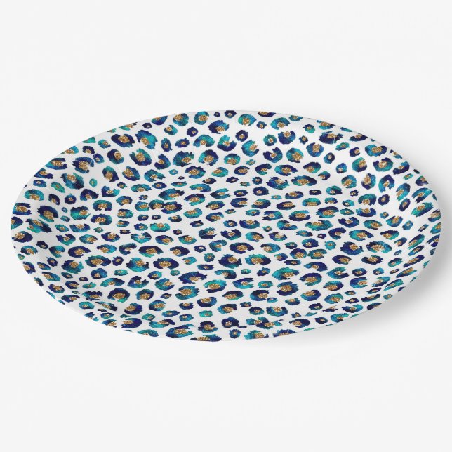 Blue Gold Glitter Leopard Pattern Paper Plate (Angled)
