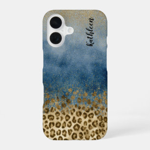 Blue Gold Glitter Leopard Print Monogram Name iPhone 16 Case