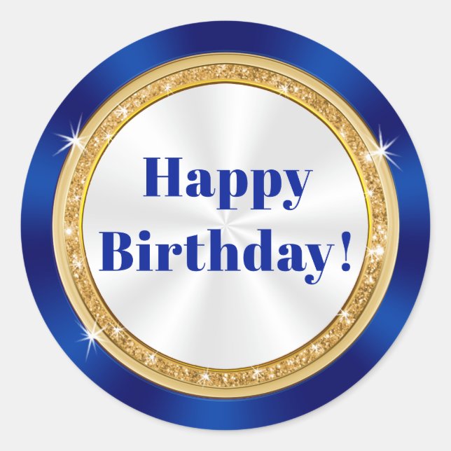 Blue, Gold Glitter Look, Happy Birthday Stickers (Front)