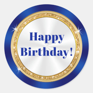 Blue, Gold Glitter Look, Happy Birthday Stickers