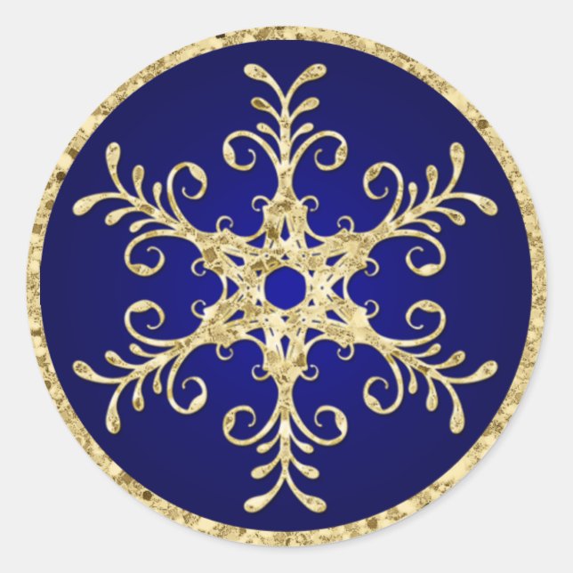 Blue, Gold Glitter LOOK Snowflake Wedding Sticker (Front)