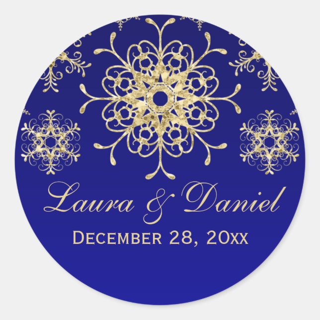 Blue, Gold Glitter LOOK Snowflake Wedding Sticker (Front)