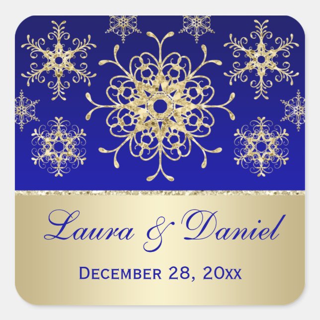 Blue, Gold Glitter LOOK Snowflake Wedding Sticker (Front)