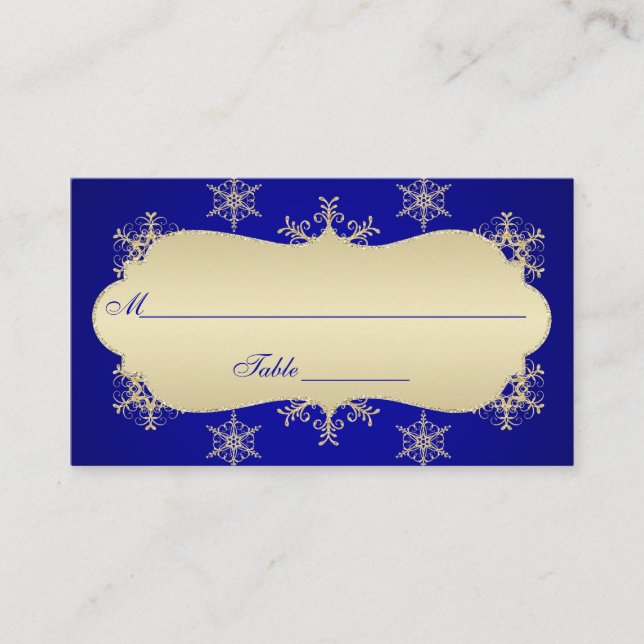Blue, Gold Glitter LOOK Snowflakes Placecards (Front)