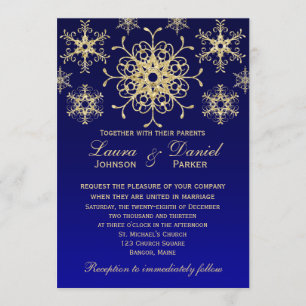 Blue, Gold Glitter LOOK Snowflakes Wedding Invite