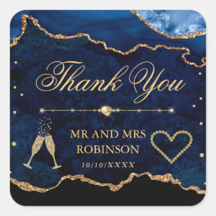 Blue & Gold Glitter Marble Agate Wedding Square Sticker
