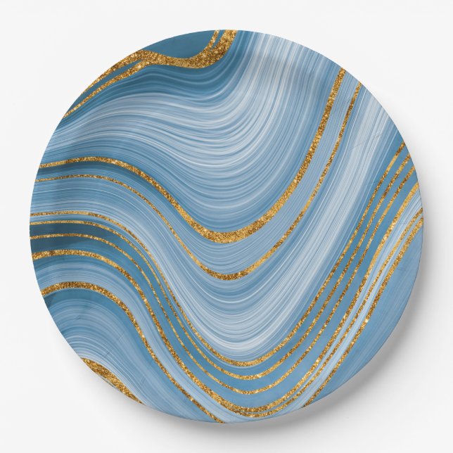 Blue Gold Glitter Marble Elegant Abstract  Paper Plate (Front)