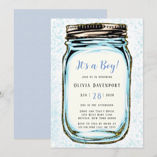 Blue Gold Glitter Mason Jar Boy Baby Shower Invitation (Front/Back)