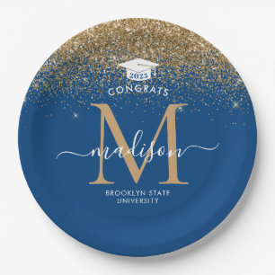 Blue Gold Glitter Monogram Grad Graduation Party Paper Plate