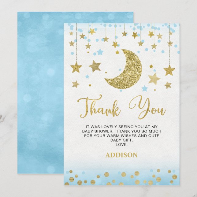 Blue Gold Glitter Moon Baby Shower Thank You Card (Front/Back)