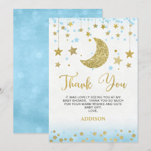 Blue Gold Glitter Moon Baby Shower Thank You Card