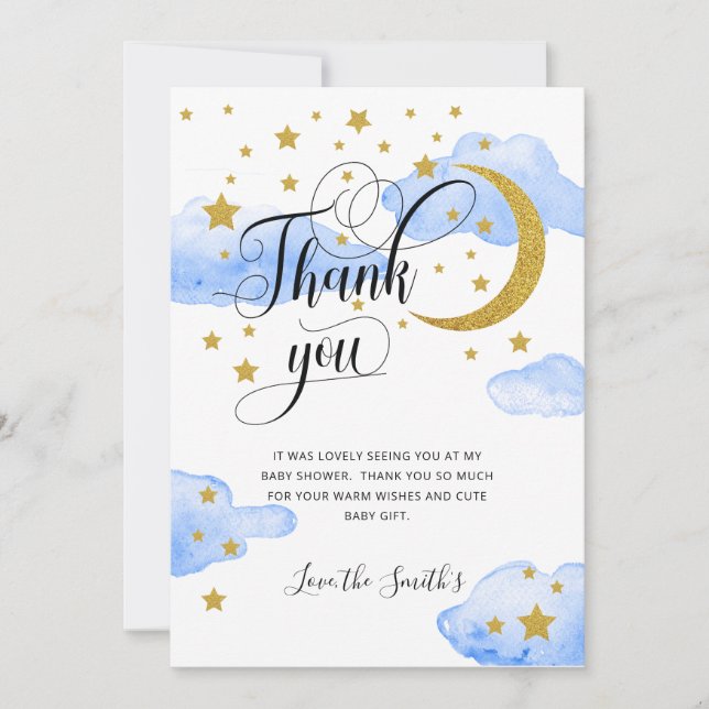 Blue Gold Glitter Moon Baby Shower Thank You Card (Front)