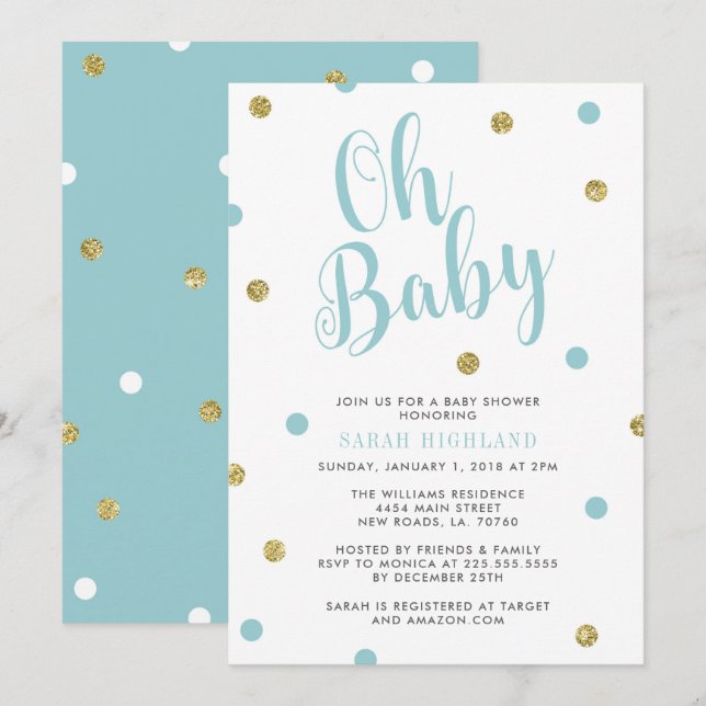 Blue & Gold Glitter Oh Baby Shower Invitation (Front/Back)