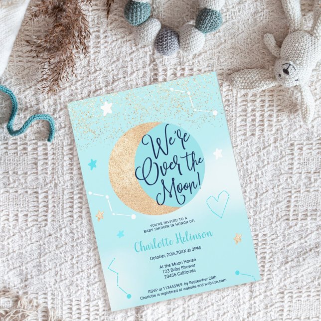 Blue gold glitter over the moon boy baby shower invitation (Creator Uploaded)