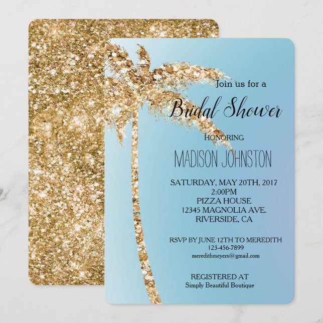 Blue Gold Glitter Palm Tree Bridal Shower Invitation (Front/Back)