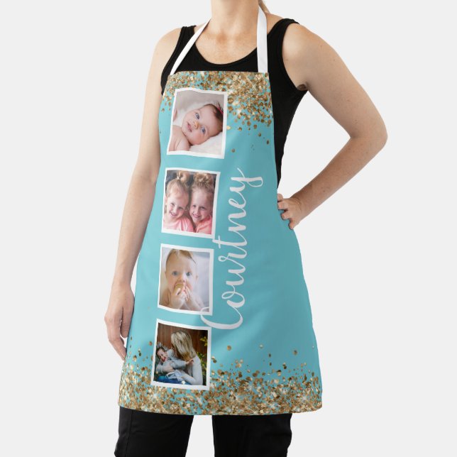 blue gold glitter photo collage custom name apron (Insitu)