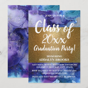Blue Gold Glitter Photo Grad Party Invitation