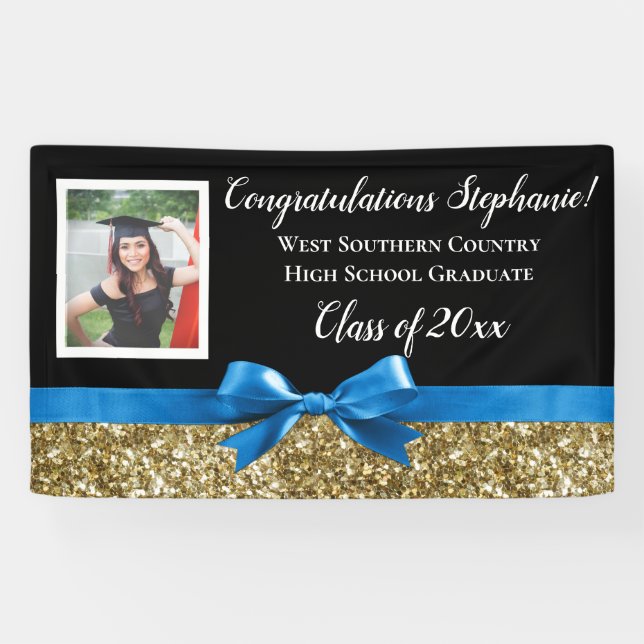 Blue Gold Glitter Photo Graduation Banner Sign (Horizontal)