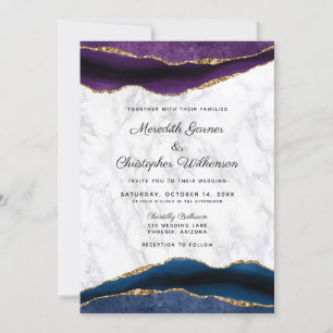 Blue Gold Glitter Purple Agate Wedding Invitation