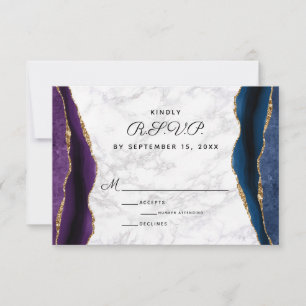 Blue Gold Glitter Purple Agate Wedding RSVP Card
