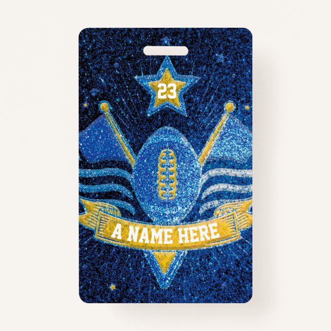 Blue & Gold Glitter School Football Team Sports ID Badge (Front)
