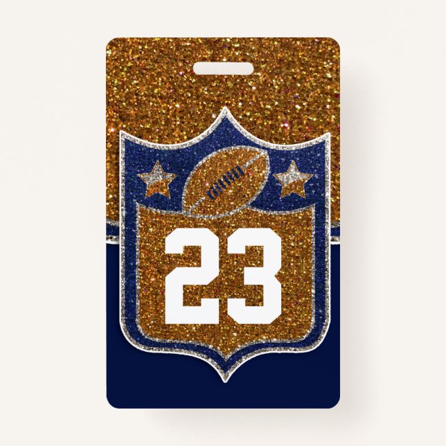 Blue & Gold Glitter School Football Team Sports ID Badge (Front)