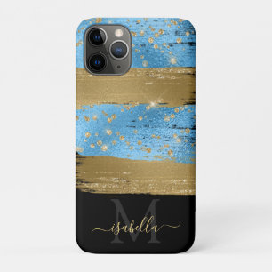 Blue Gold Glitter Script Monogrammed iPhone 11 Pro Case
