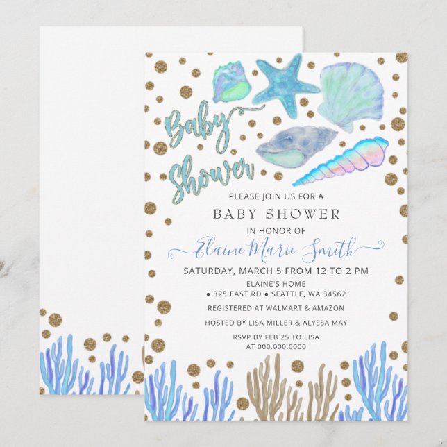 Blue Gold Glitter Seashells Sea Beach Baby Shower  Invitation (Front/Back)