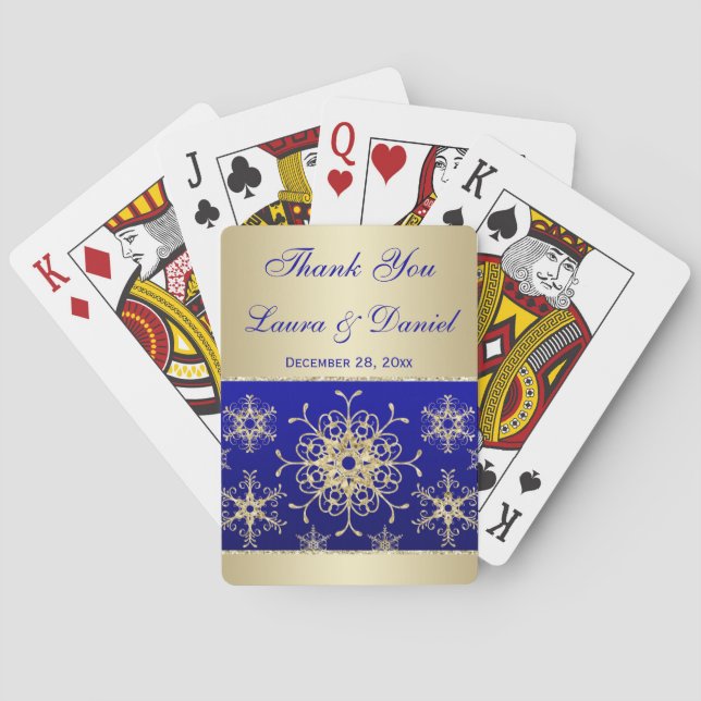 Blue Gold Glitter Snowflakes Wedding Playing Cards (Back)