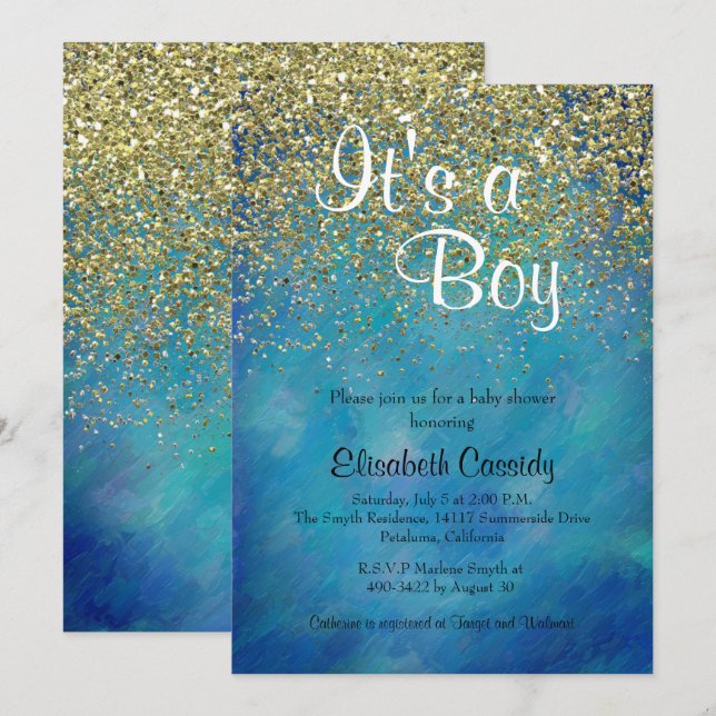 Blue & Gold Glitter Sprinkle Baby Shower Invite (Front/Back)