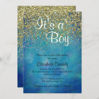 Blue & Gold Glitter Sprinkle Baby Shower Invite