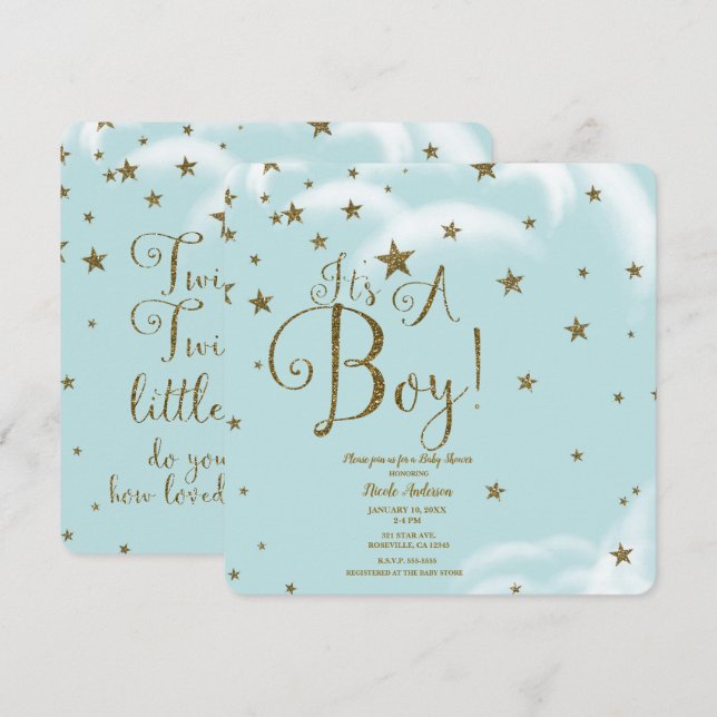 Blue & Gold Glitter Stars It's A BOY Baby Shower Invitation (Front/Back)