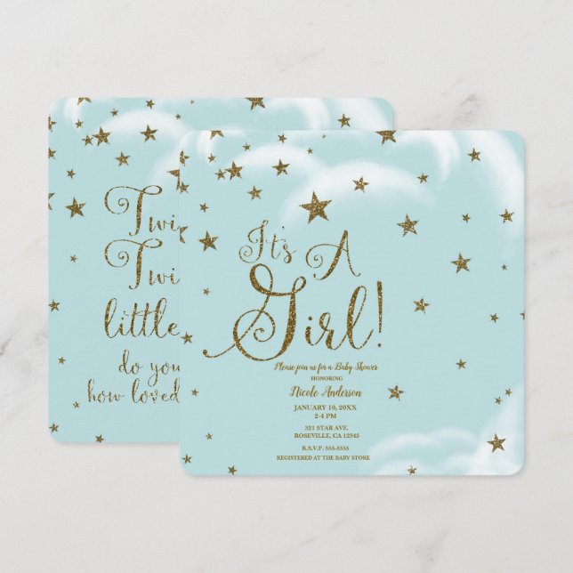 Blue & Gold Glitter Stars It's A Girl Baby Shower Invitation (Front/Back)